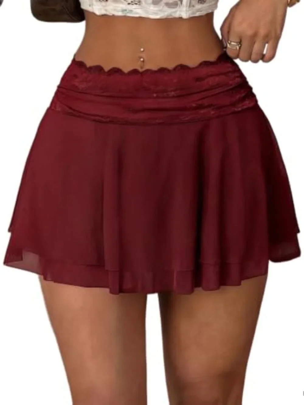 Women's Pleated Mini Skirt Lace Mesh Layered Ruffled A-Line Ballet Style